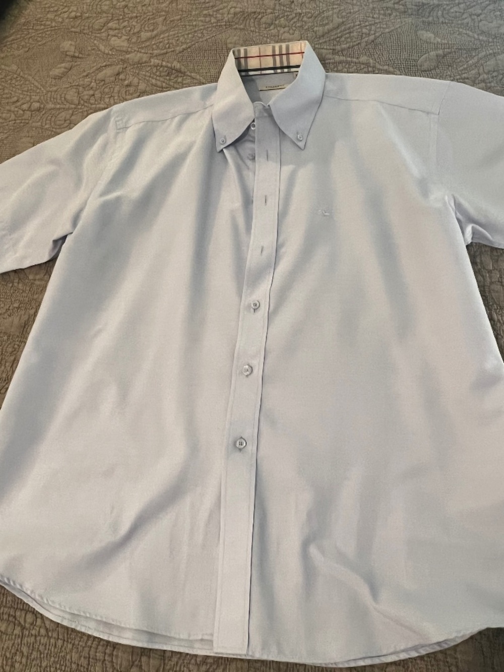 Men’s XL Burberry Oxford Button Down Shirt Short Sleeves Light Blue w/Plaid